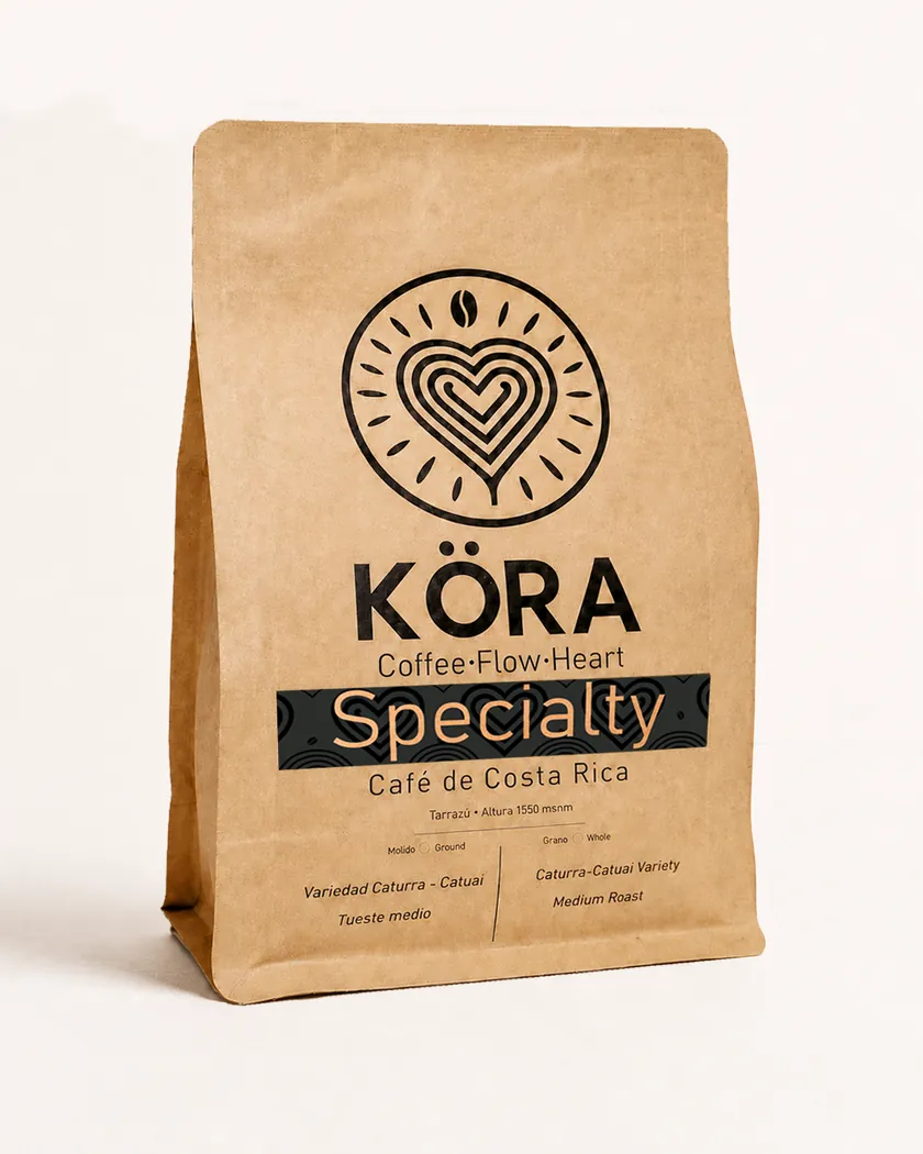Bolsa de café de especialidad KÖRA Specialty de Aserrí, proceso natural secado al sol en la Zona Azul, Costa Rica